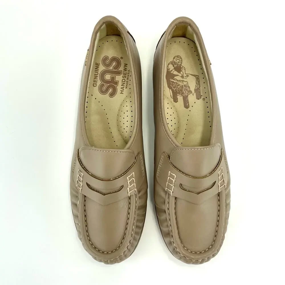 SAS Women Casual Penny Loafer Size 6.5 Tan Genuine Leather Comfort Low Wedge
